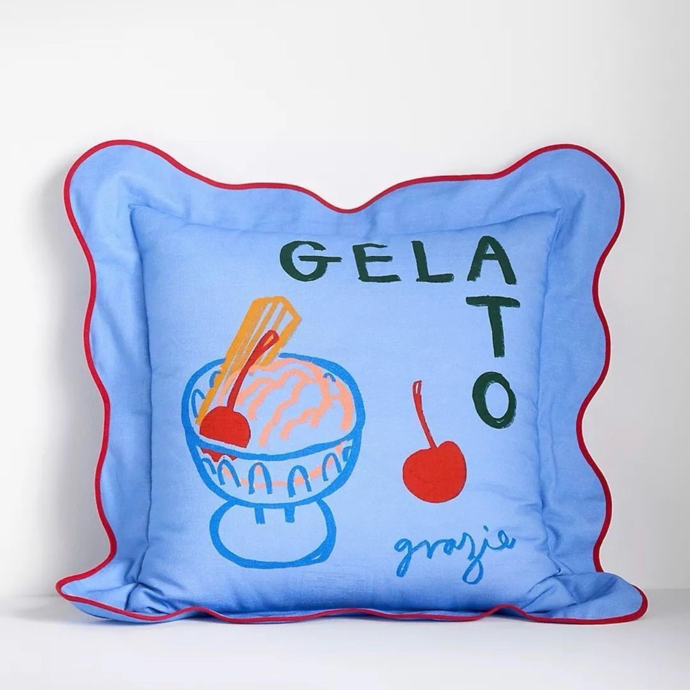 Anthropologie Blue Gelato Graphic Accent Pillow with Red Trim